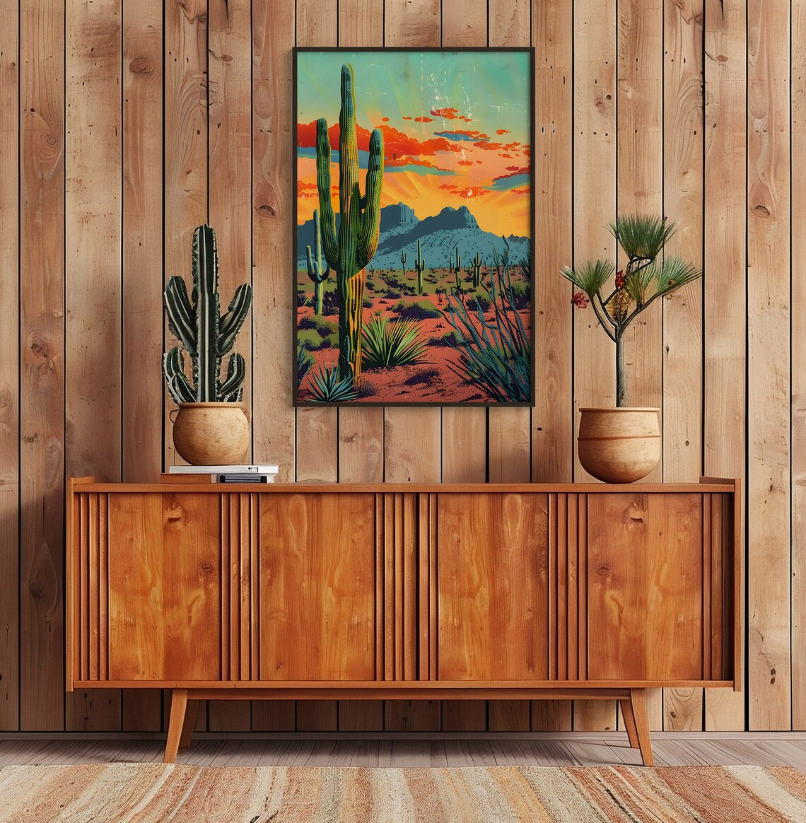 Vintage Desert Landscape Art Print, Saguaro Cactus