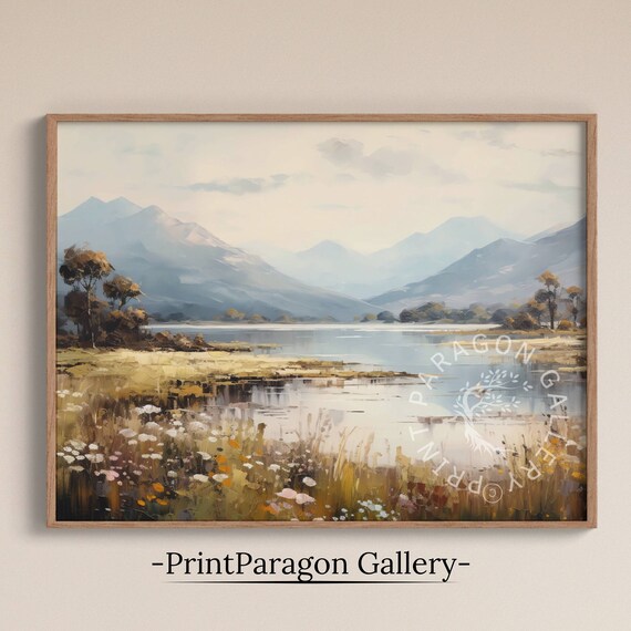 Spring Mountain Lake Painting Misty Peaks Wildflower Meadow Art Poster