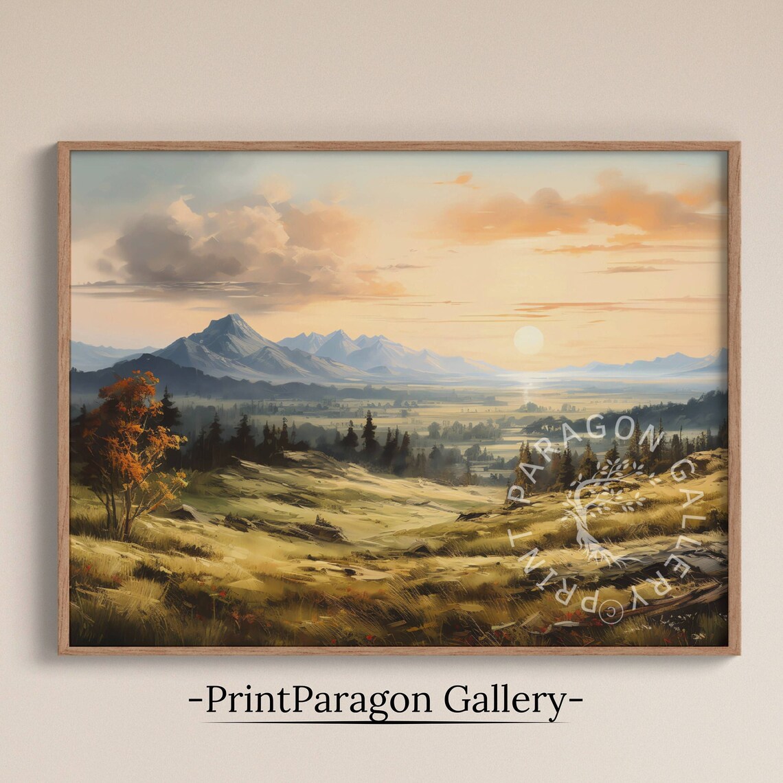 Golden Sunrise Meadow Valley Mountain Range Morning Landscape Poster