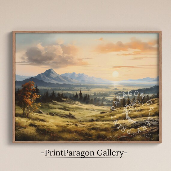 Golden Sunrise Meadow Valley Mountain Range Morning Landscape Poster