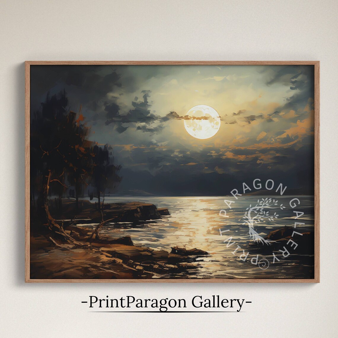 Full Moon Rising Over Ocean Night Seascape Dramatic Clouds Poster