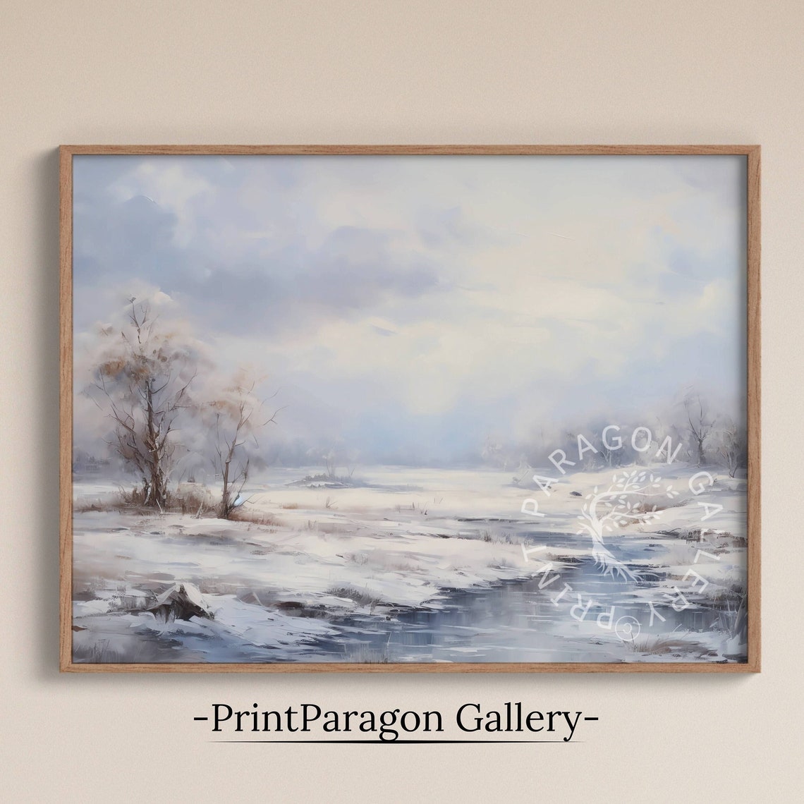 Snowy Field with Frozen Stream Bare Trees Soft Winter Poster