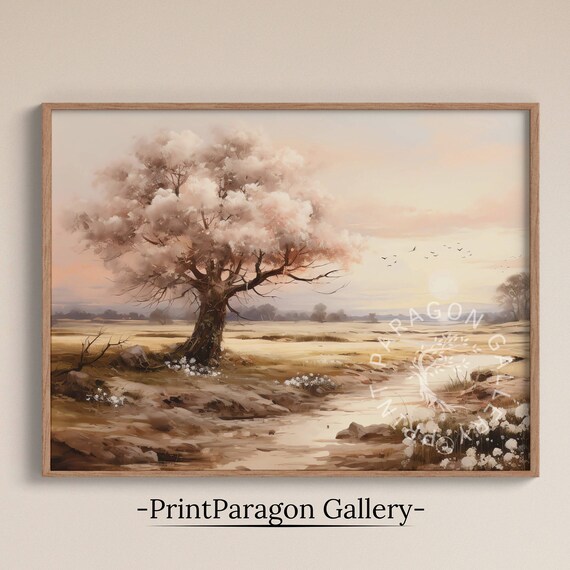 Cherry Blossom Tree Sunset Countryside Stream Landscape Poster
