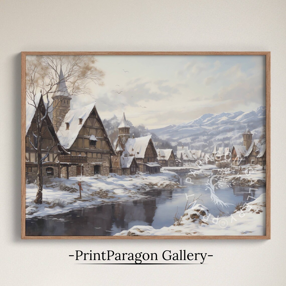 Snow Covered Old Town Timber Houses River Winter Landscape Poster