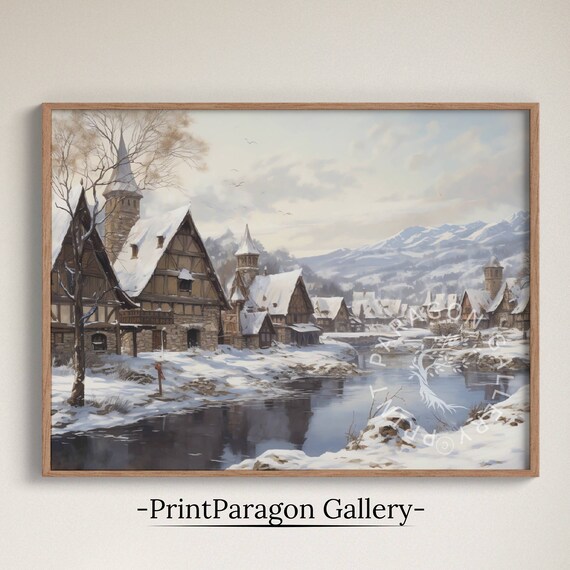 Snow Covered Old Town Timber Houses River Winter Landscape Poster
