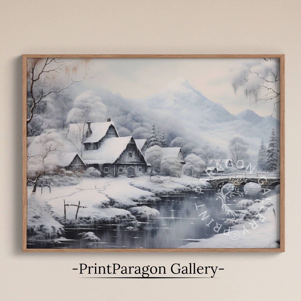 Snowy Mountain Cottage Stone Bridge Stream Winter Village Poster