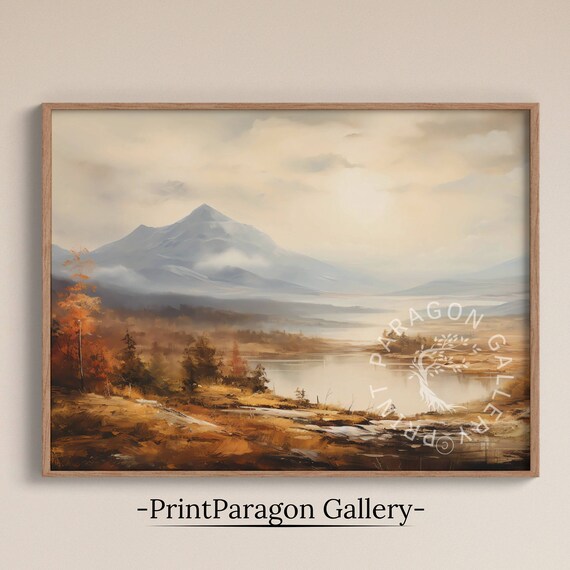 Golden Autumn Hillside Lake with Distant Mountain Warm Oil Poster