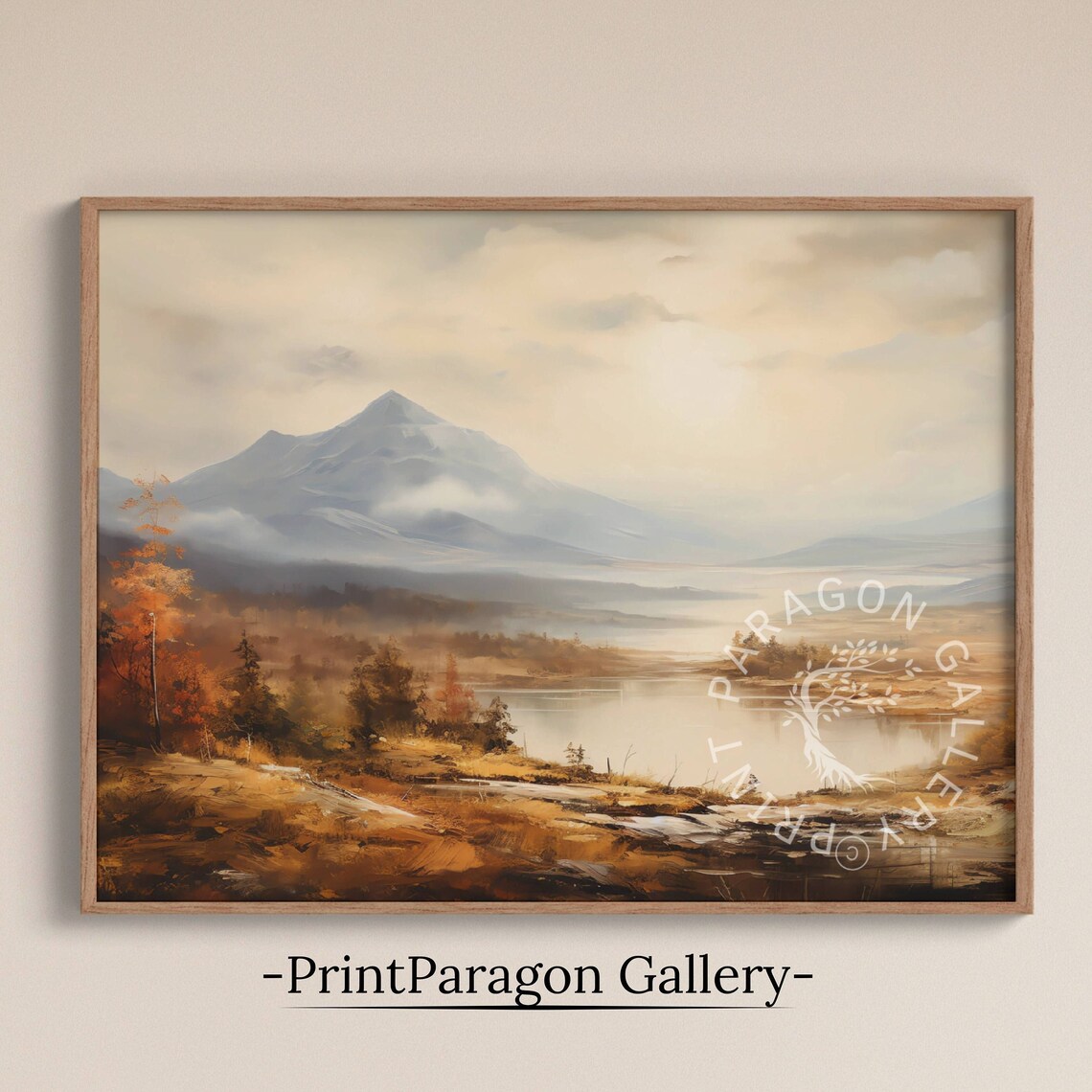 Golden Autumn Hillside Lake with Distant Mountain Warm Oil Poster