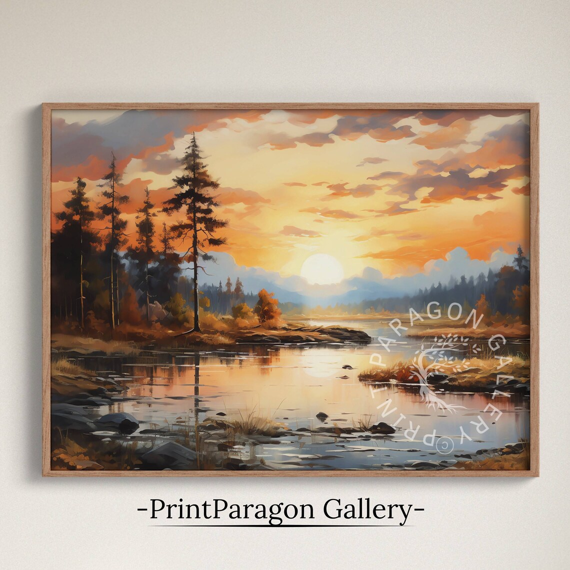 Sunset Over Calm River Autumn Pines Orange Clouds Oil Painting Rustic Wall Art