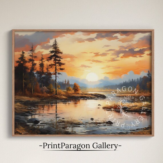 Sunset Over Calm River Autumn Pines Orange Clouds Oil Painting Rustic Wall Art