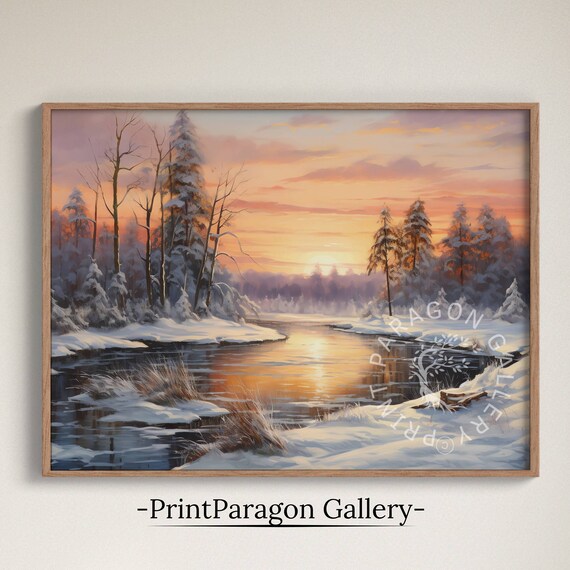Snowy Winter River Sunset Painting Snow Covered Pines Golden Glow Poster
