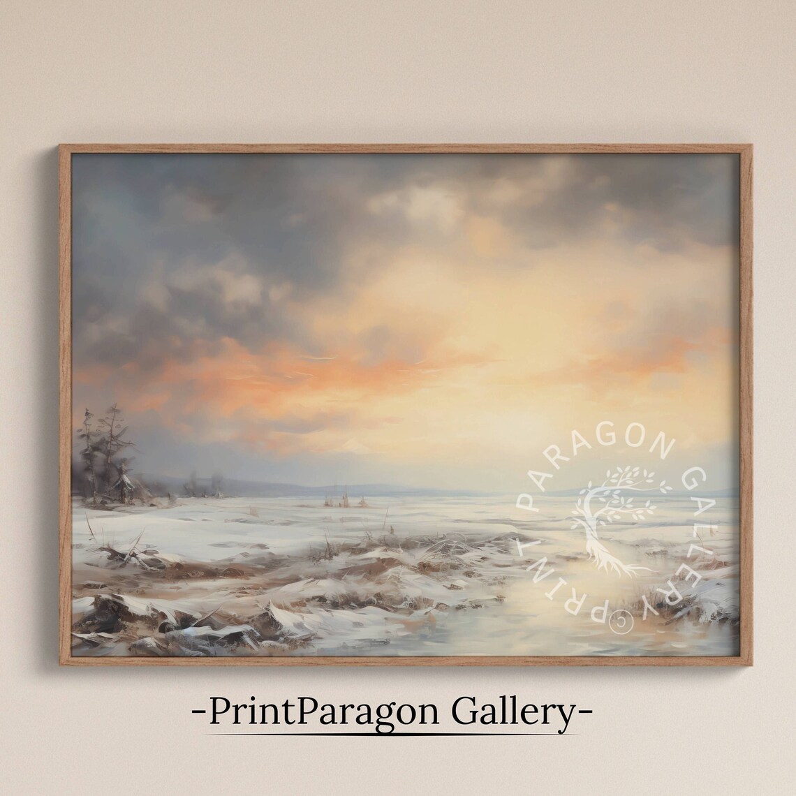 Snowy Winter Wetland at Sunrise Orange Clouds Frozen Shore Poster