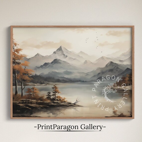 Muted Autumn Mountain Lake Watercolor Painting Misty Peak Reflection Poster