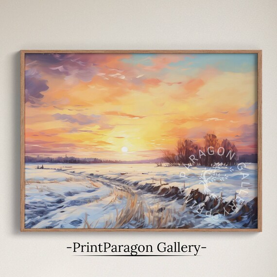 Winter Field Watercolor Sunset Painting Lavender Sky Snowy Path Poster