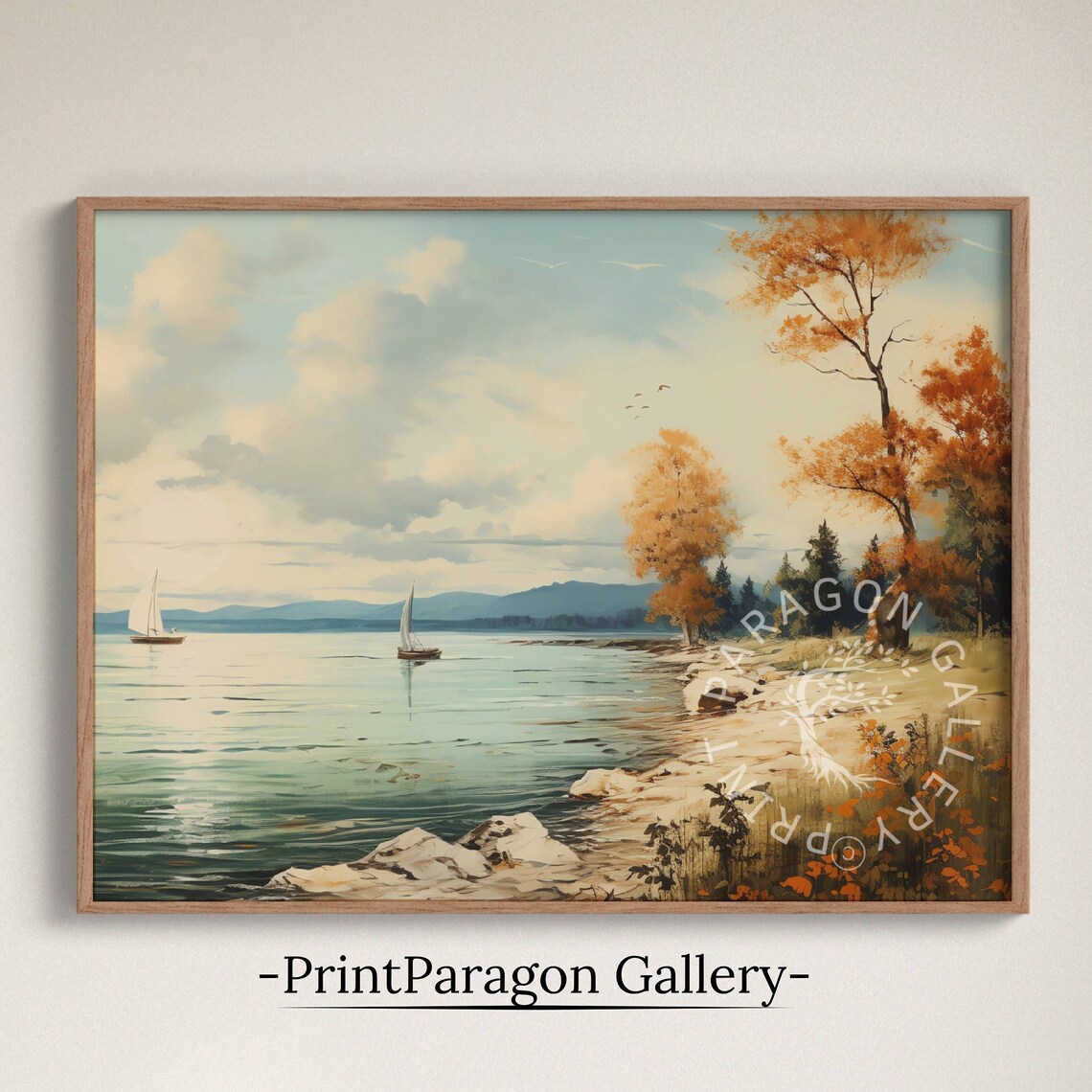 Two Sailboats on Lake Autumn Shore Fall Sailing Scenery Poster