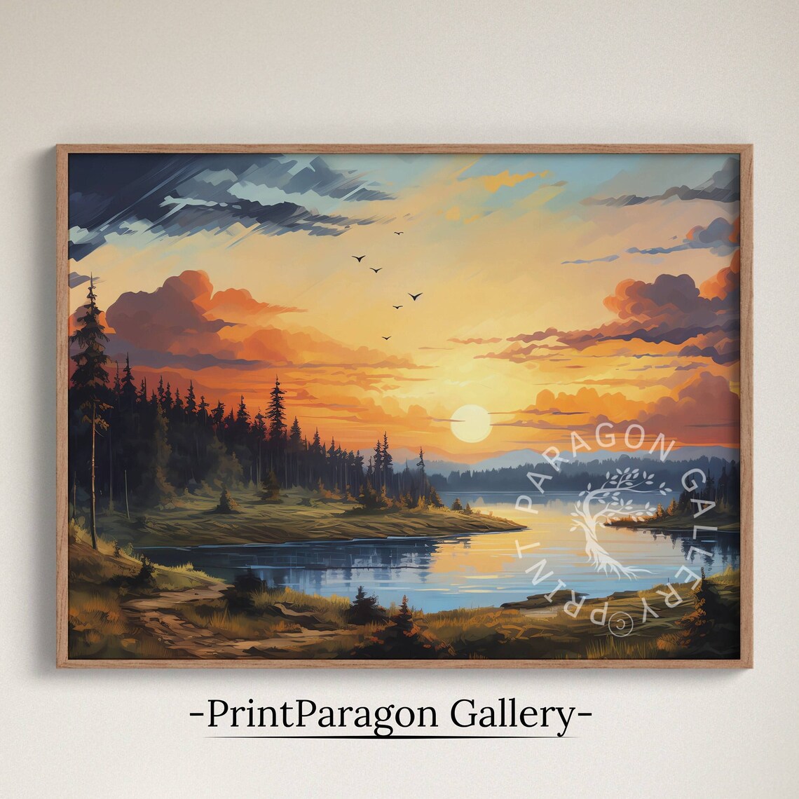 Vivid Sunset Over Forest Lake Birds Bold Clouds Colorful Nature Wall Art