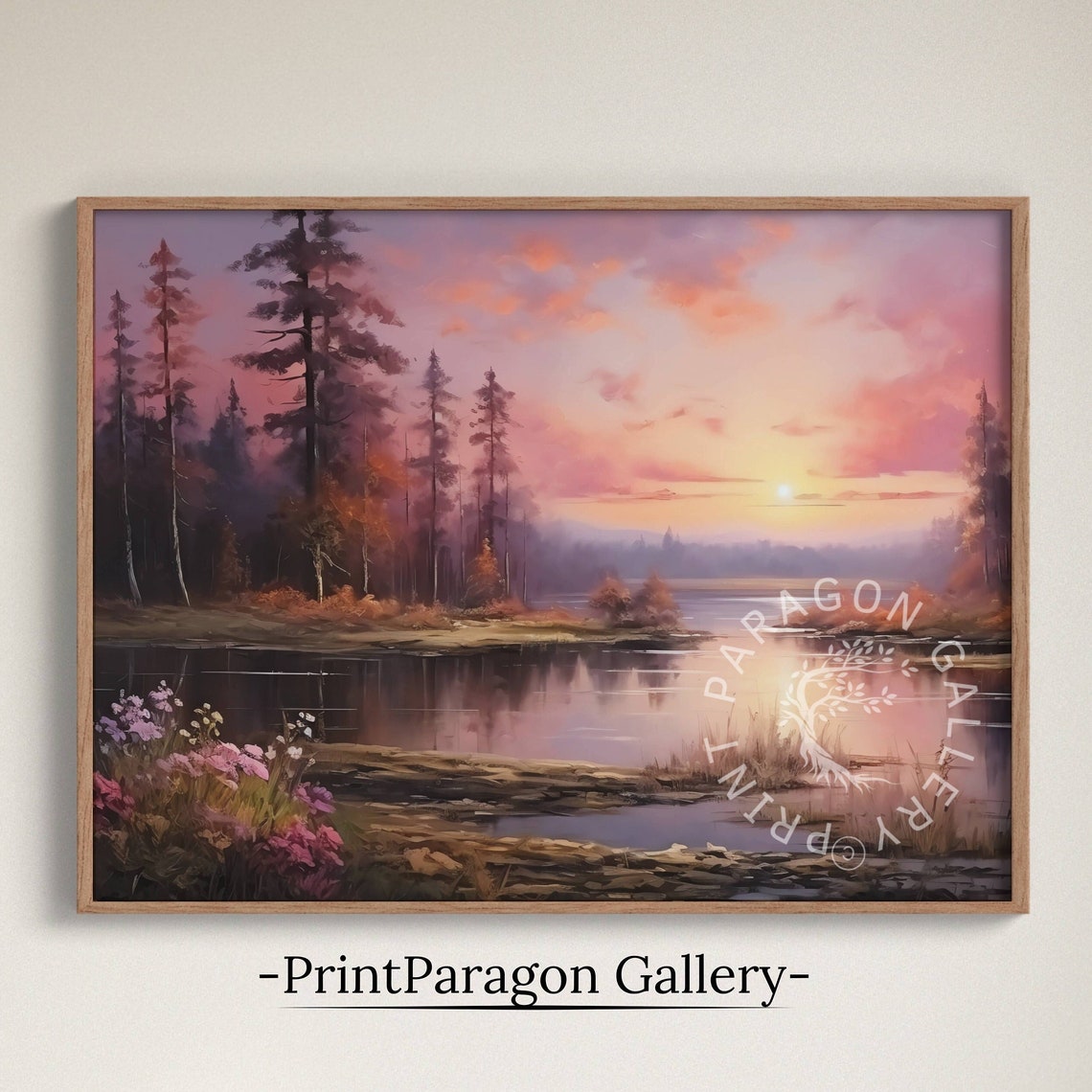 Pink Sunset Melting Over a Calm Lake With Pines and Wildflowers Poster