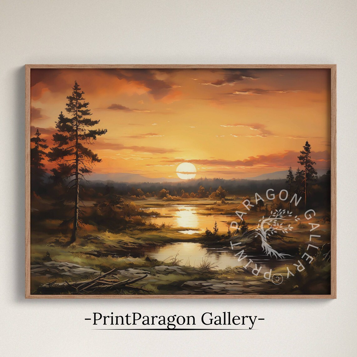 Warm Sunset Over Marsh River Tall Pine Silhouettes Oil Painting Wall Art
