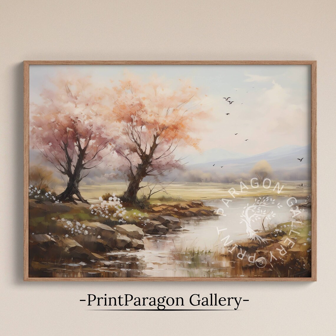 Spring Cherry Blossom Trees By Stream Pink Blooms Oil Painting Nature Wall Art