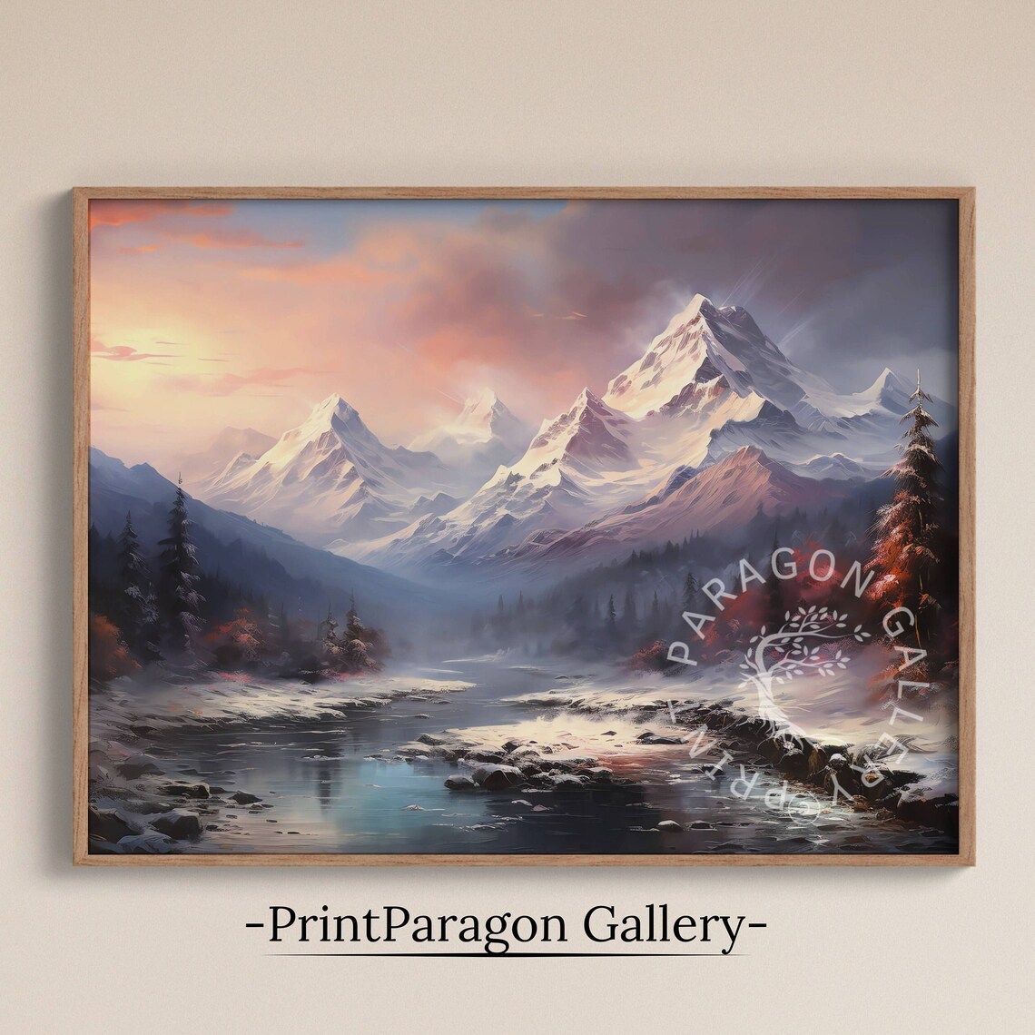 Snowy Mountain Valley River Pink Alpenglow Oil Painting Alpine Wall Art