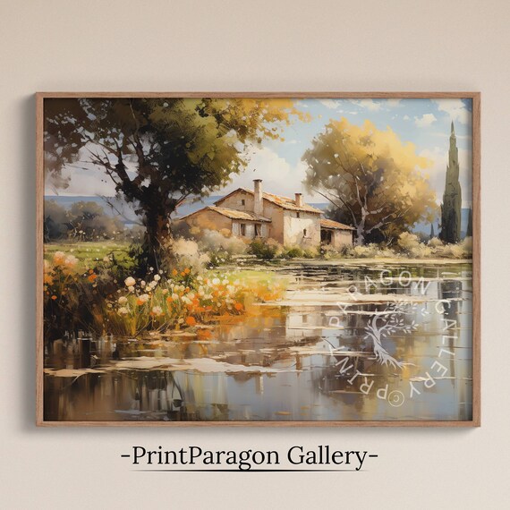 Rustic Countryside Lake House Oil Painting Wildflower Shoreline Poster