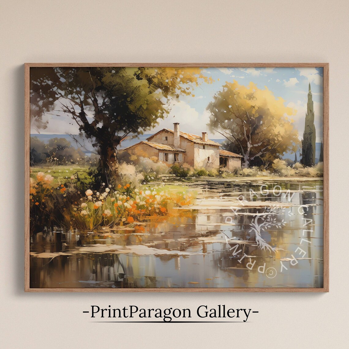 Rustic Countryside Lake House Oil Painting Wildflower Shoreline Poster