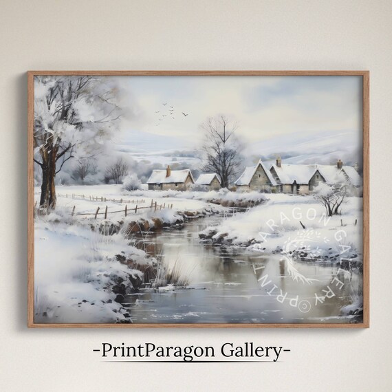 Snowy Winter Village Cottages Stream Vintage Landscape Poster