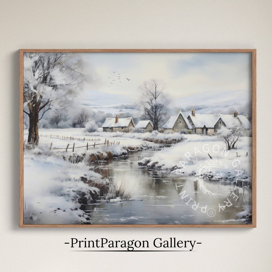 Snowy Winter Village Cottages Stream Vintage Landscape Poster