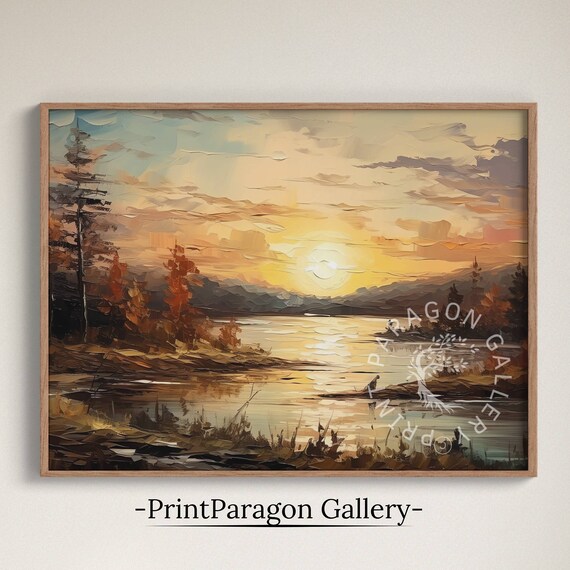 Golden Sunset Lake Impasto Painting Warm Orange Reflection Poster