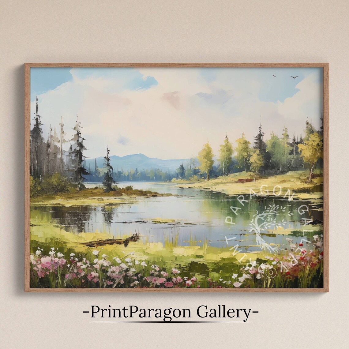 Spring Lake Wildflower Meadow Soft Green Landscape Oil Painting Nature Wall Art