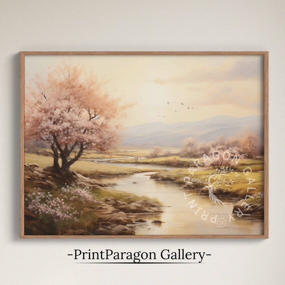 Blooming Cherry Tree Over a Spring Stream Countryside Wall Art