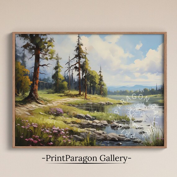 Summer Riverside Tall Pines Wildflowers Rocky Bank Oil Painting Nature Wall Art