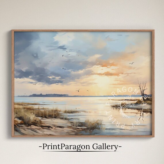 Sunrise Over Calm Lake Reeds and Birds Watercolor Scenery Poster