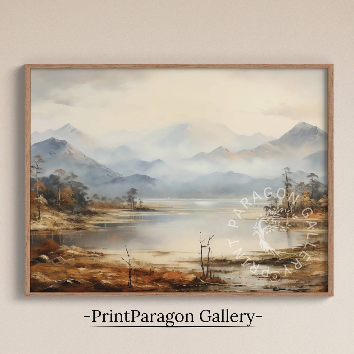 Misty Mountain Lake Layered Peaks Autumn Shore Moody Wall Art