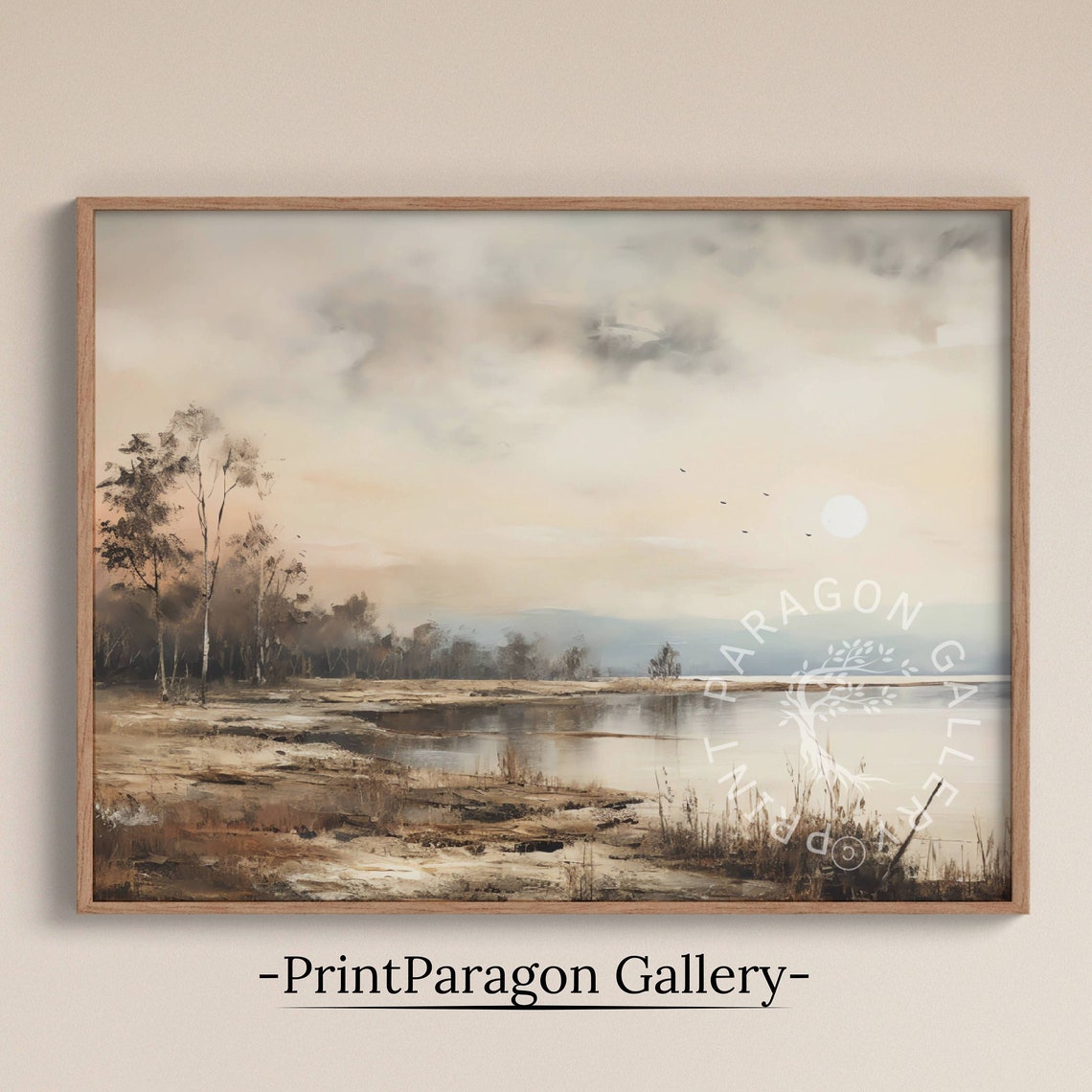 Neutral Tone Lake at Dawn with Birch Trees Minimal Landscape Poster
