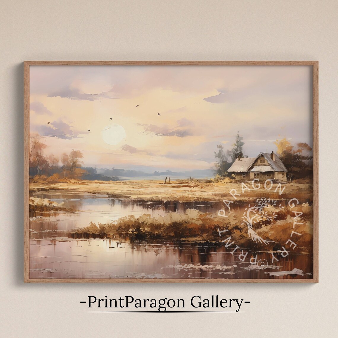 Golden Sunrise Over Country House Marsh Oil Painting Rustic Wall Art