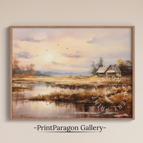 Golden Sunrise Over Country House Marsh Oil Painting Rustic Wall Art