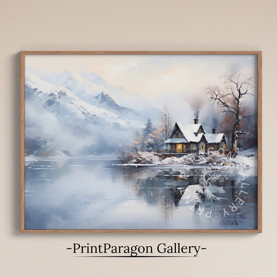 Snowy Lakeside Cabin Mountain Reflection Winter Retreat Poster