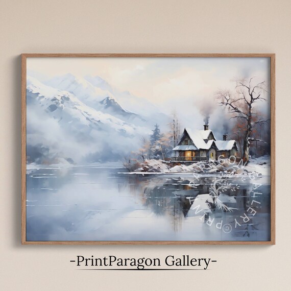 Snowy Lakeside Cabin Mountain Reflection Winter Retreat Poster