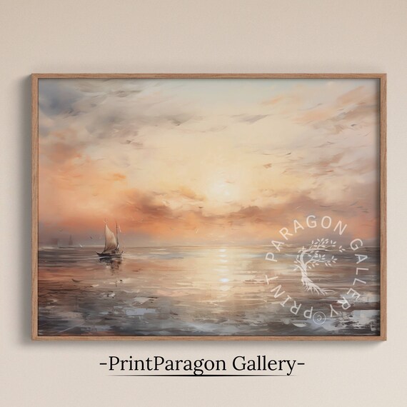 Lone Sailboat at Sunset Pastel Ocean Seascape Painting Poster