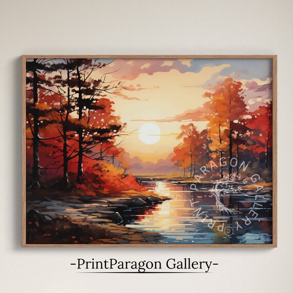 Bold Autumn River Between Fiery Red Trees Oil Painting Fall Nature Wall Art