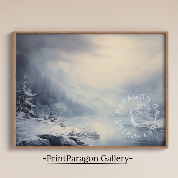 Snowy Mountain Lake with Pine Trees Misty Blue Winter Poster