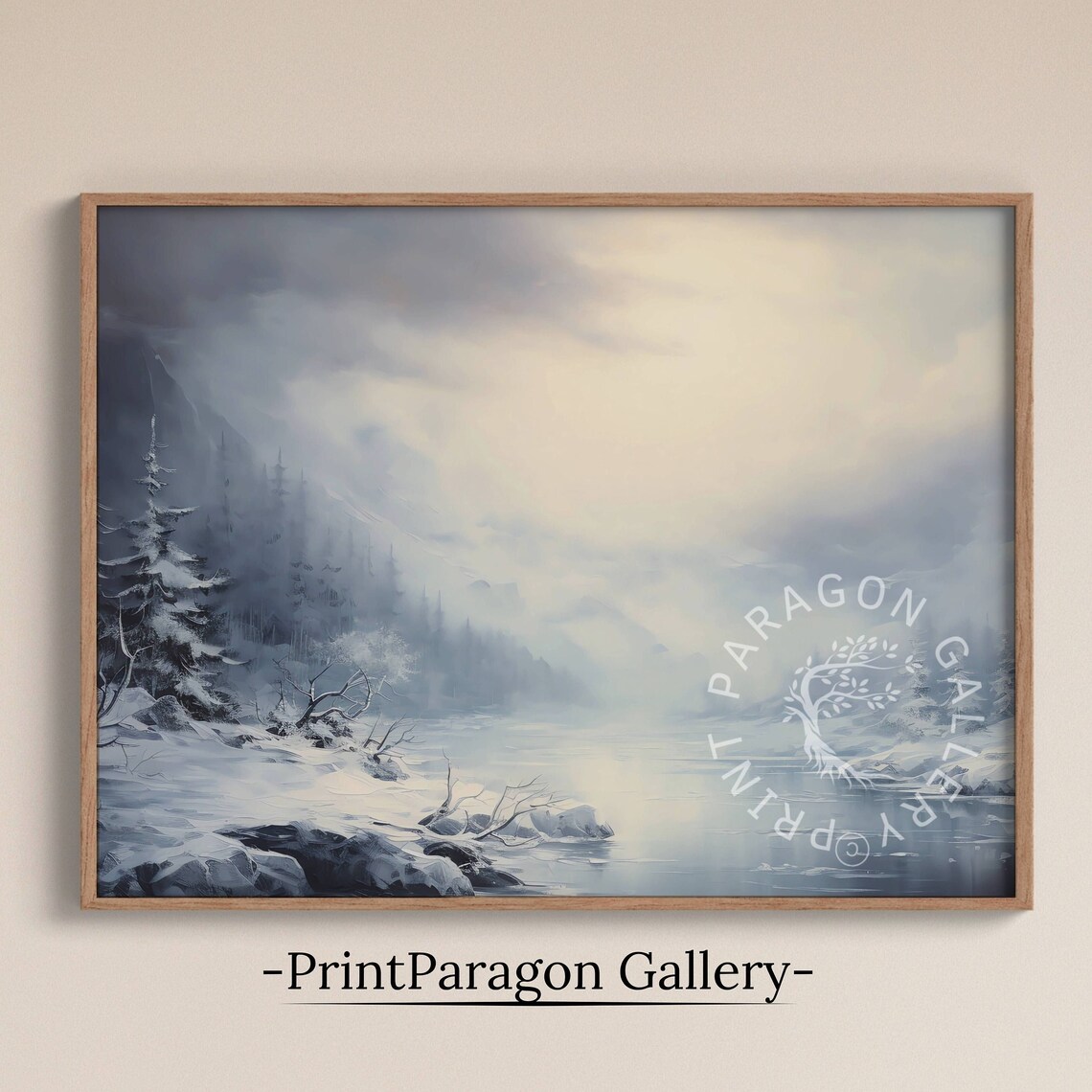 Snowy Mountain Lake with Pine Trees Misty Blue Winter Poster