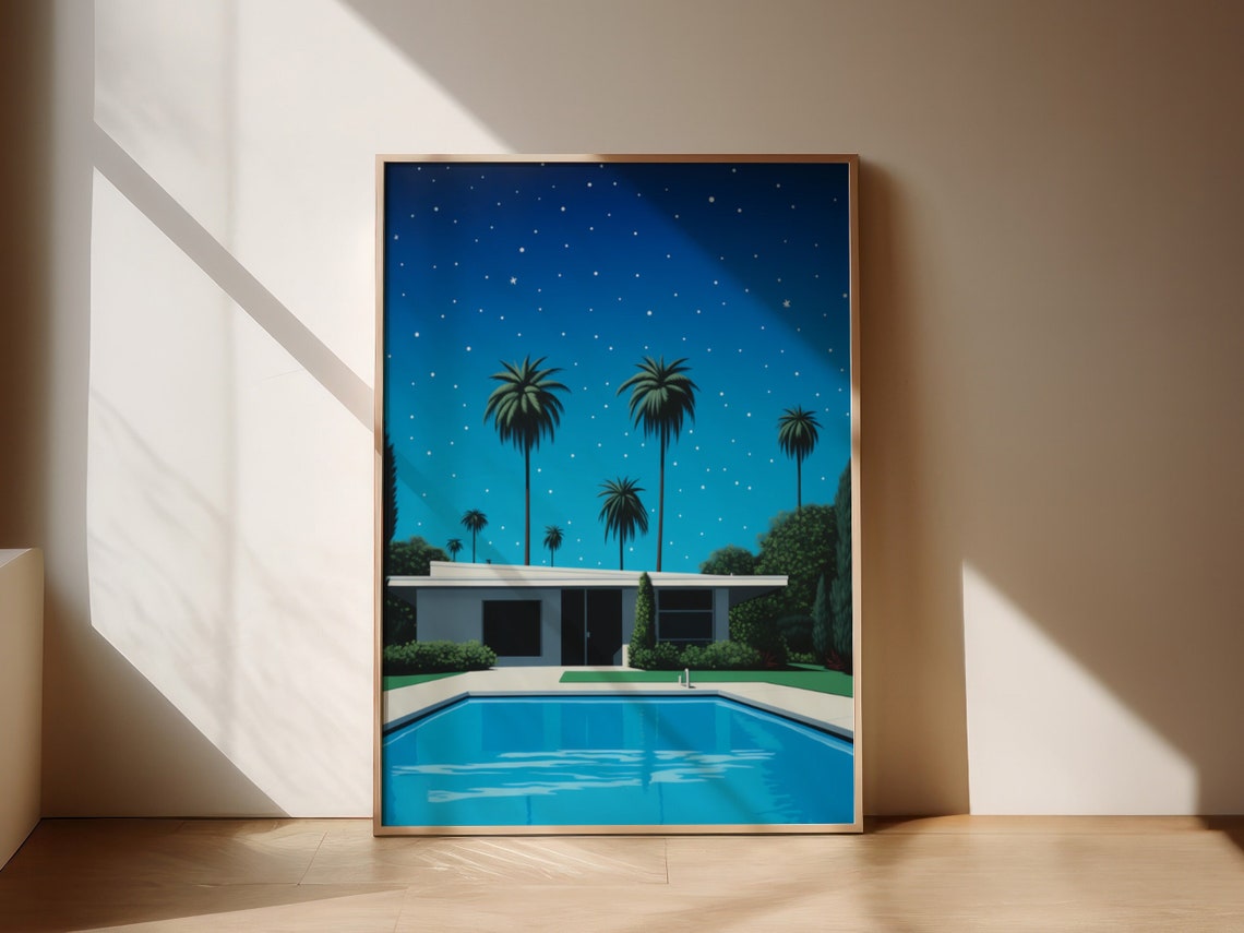 City Pop Starry Night Villa Pool Palm Trees Midnight Sky Poster