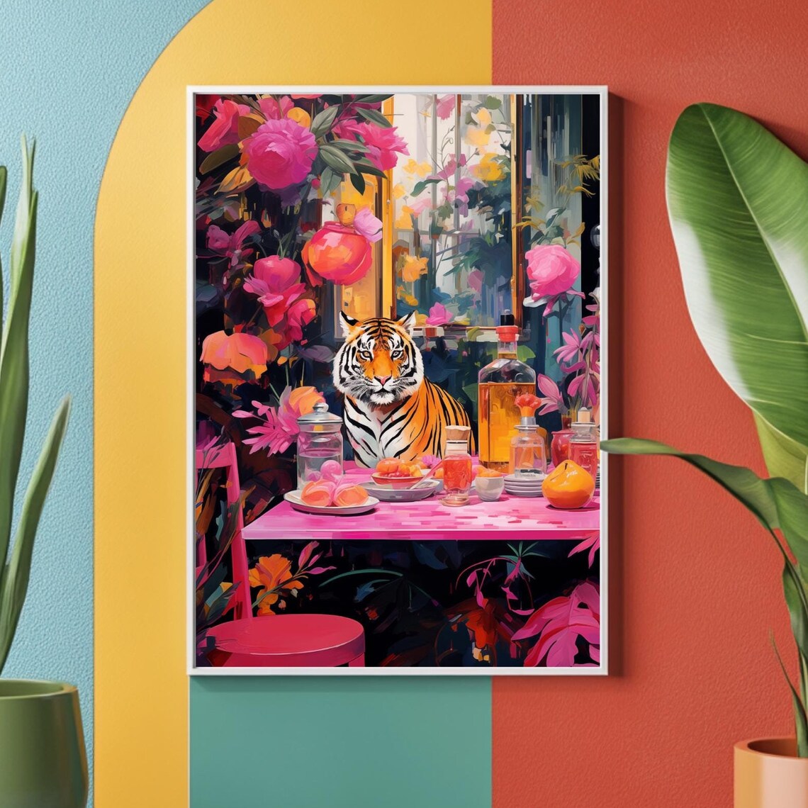 Tiger At Pink Cafe Table Maximalist Floral Animal Illustration Poster - Image 2