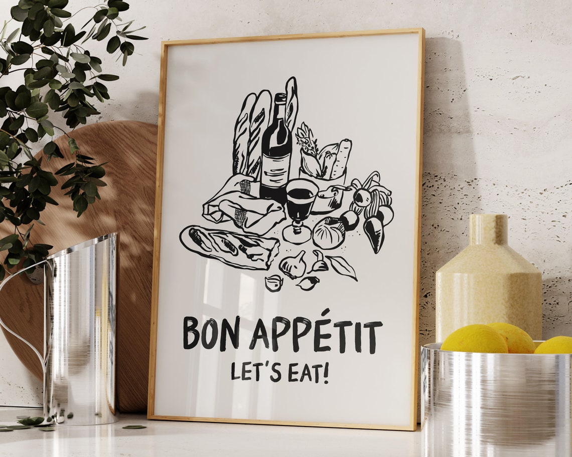 Bon Appetit Lets Eat Charming French Kitchen Line Sketch Poster - Image 3