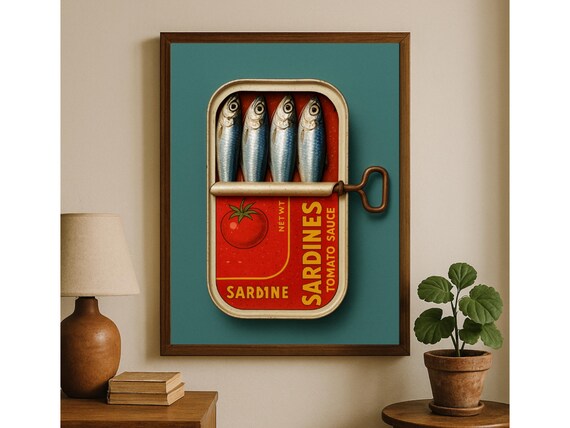 Vintage Sardines Tomato Sauce Tin Retro Coastal Kitchen Art Poster
