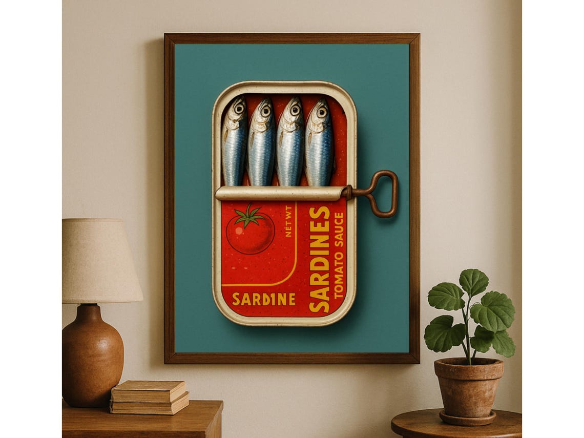 Vintage Sardines Tomato Sauce Tin Retro Coastal Kitchen Art Poster