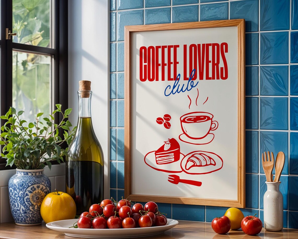 Coffee Lovers Club Red Cake and Croissant Retro Kitchen Line Art Poster