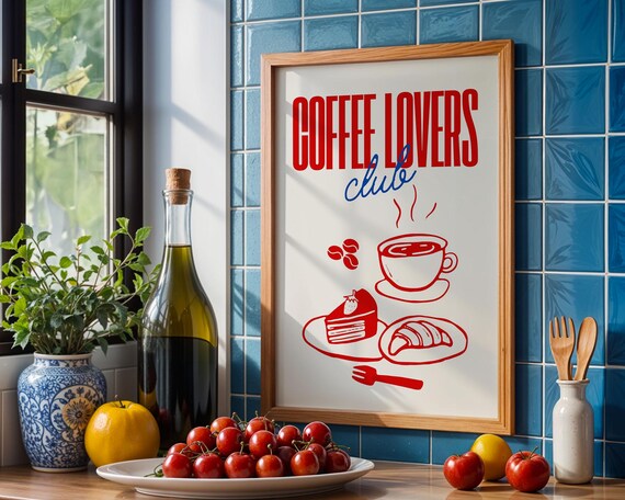 Coffee Lovers Club Red Cake and Croissant Retro Kitchen Line Art Poster